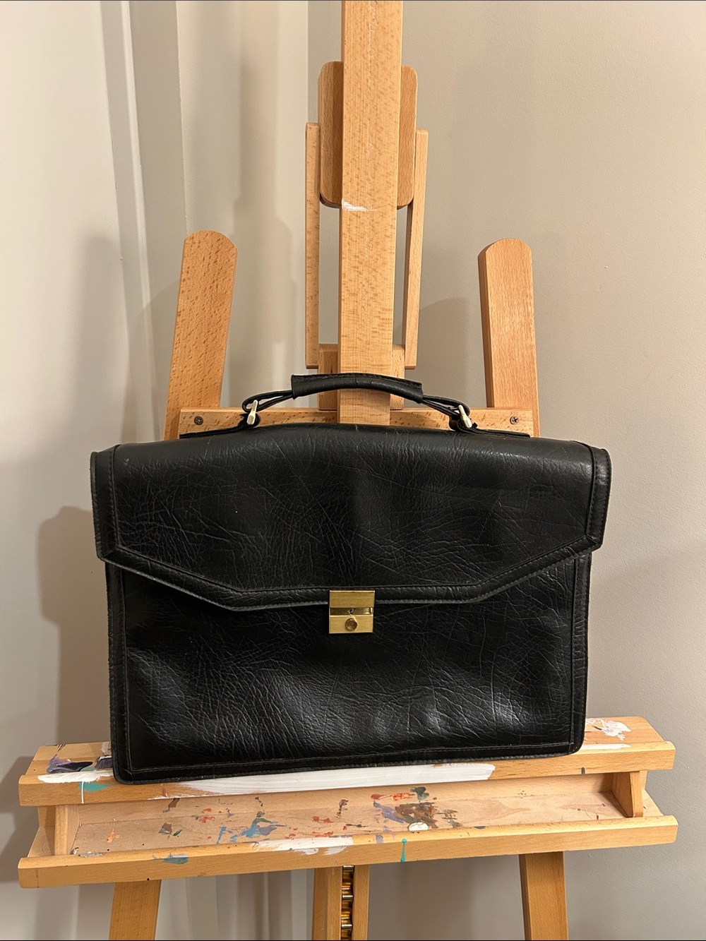 VINTAGE Cornell Black Leather Briefcase with Gold-Tone Closure